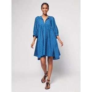 Faherty Lyla Dress Floral Blue Cotton Flowy Trapeze Swing Boho Long Sleeve